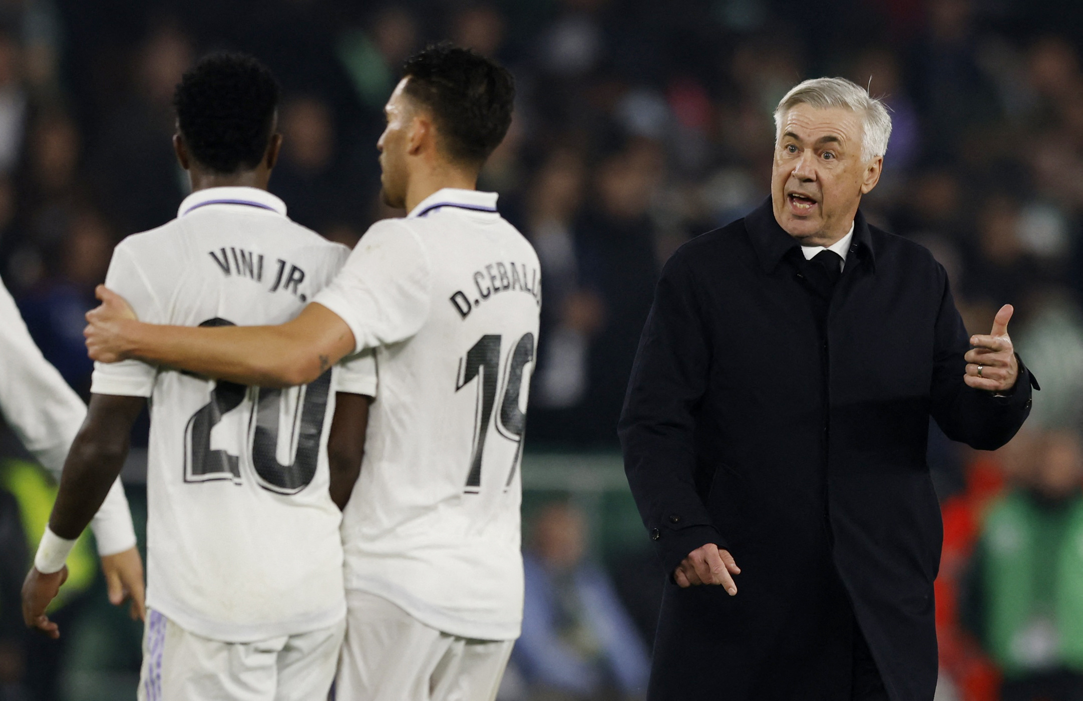 Real Madrid coach Carlo Ancelotti remonstrates with Vinicius Junior as Dani Ceballos looks on after the match REUTERS/Marcelo Del Pozo